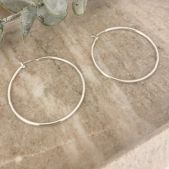 925 Sterling Silver Hoop Earrings Large Thin Hoops Silver Hoops Modern Earrings - Picture 3 of 5